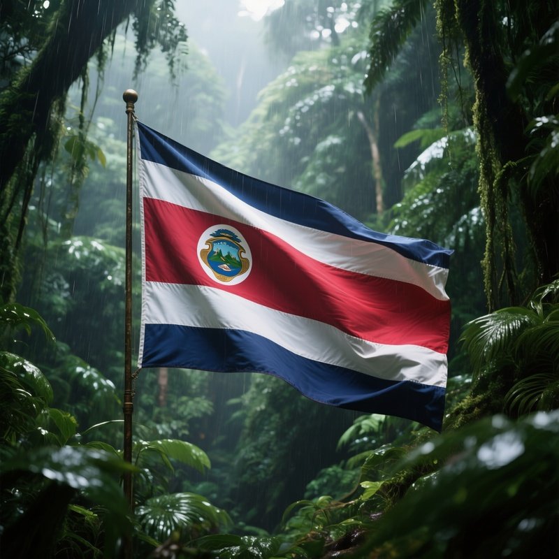 A Photorealistic Costa Rican Flag Waving Near A Lush Rainforest Canopy.