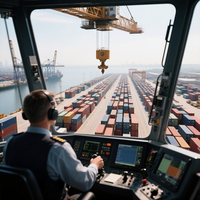 A Photorealistic Crane Operator Cabin High Above The Docks Overlooking Hundreds Of Containers Arranged In Precise Geometric Rows.