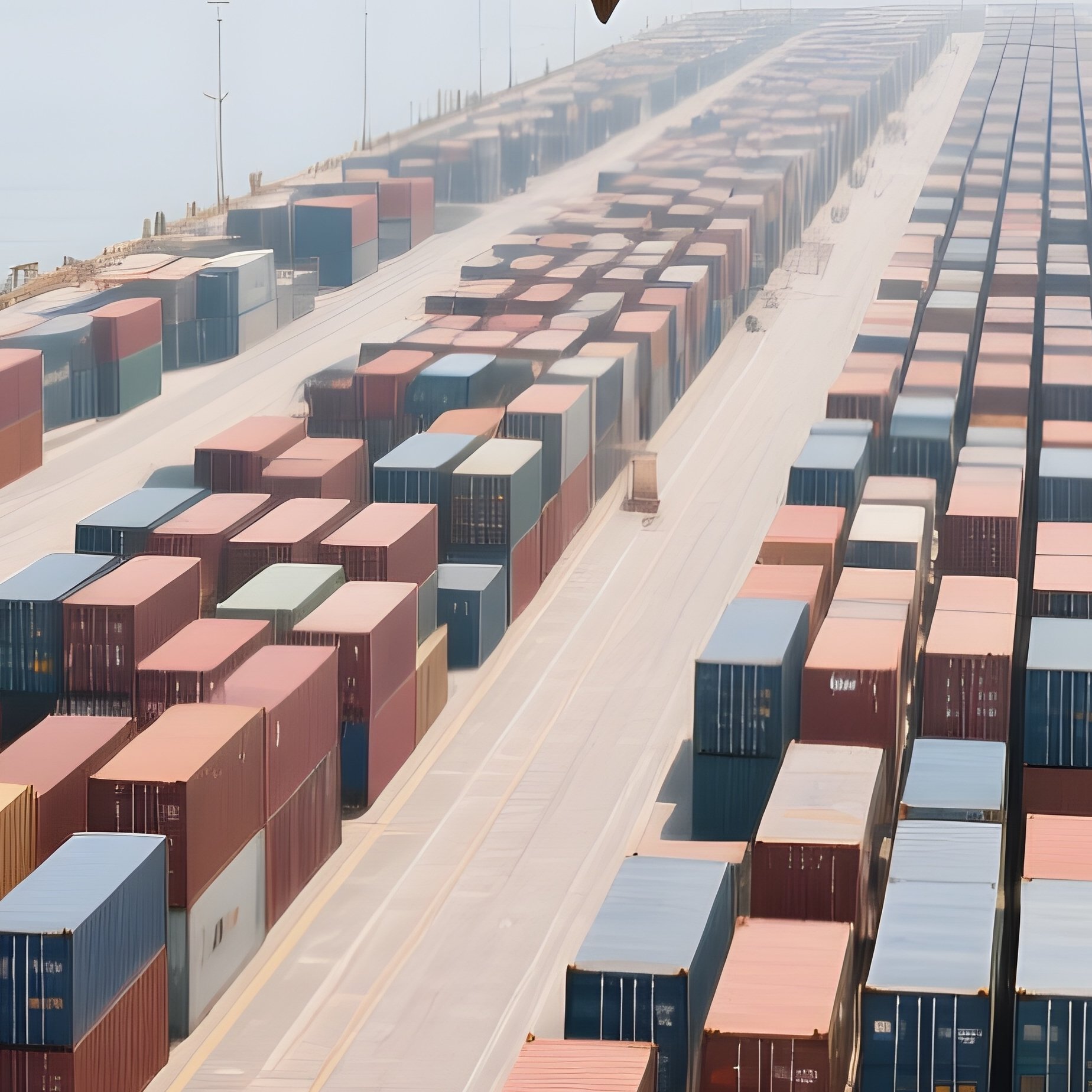 A Photorealistic Crane Operator Cabin High Above The Docks Overlooking Hundreds Of Containers Arranged In Precise Geometric Rows. - Full Resolution Quality Preview