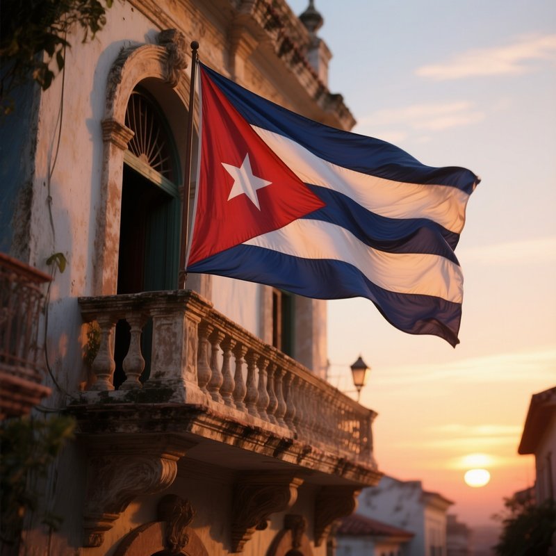 A Photorealistic Cuban Flag Waving From A Colonial Era Balcony At Sunset.