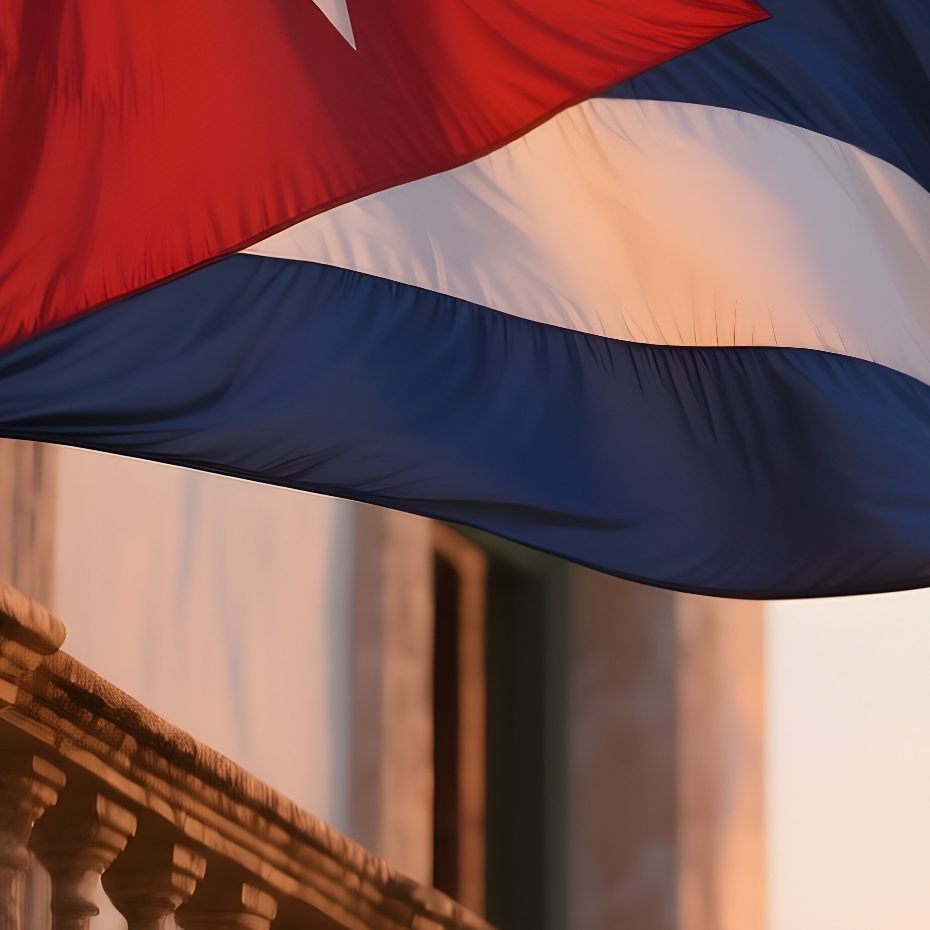 A Photorealistic Cuban Flag Waving From A Colonial Era Balcony At Sunset. - Full Resolution Quality Preview