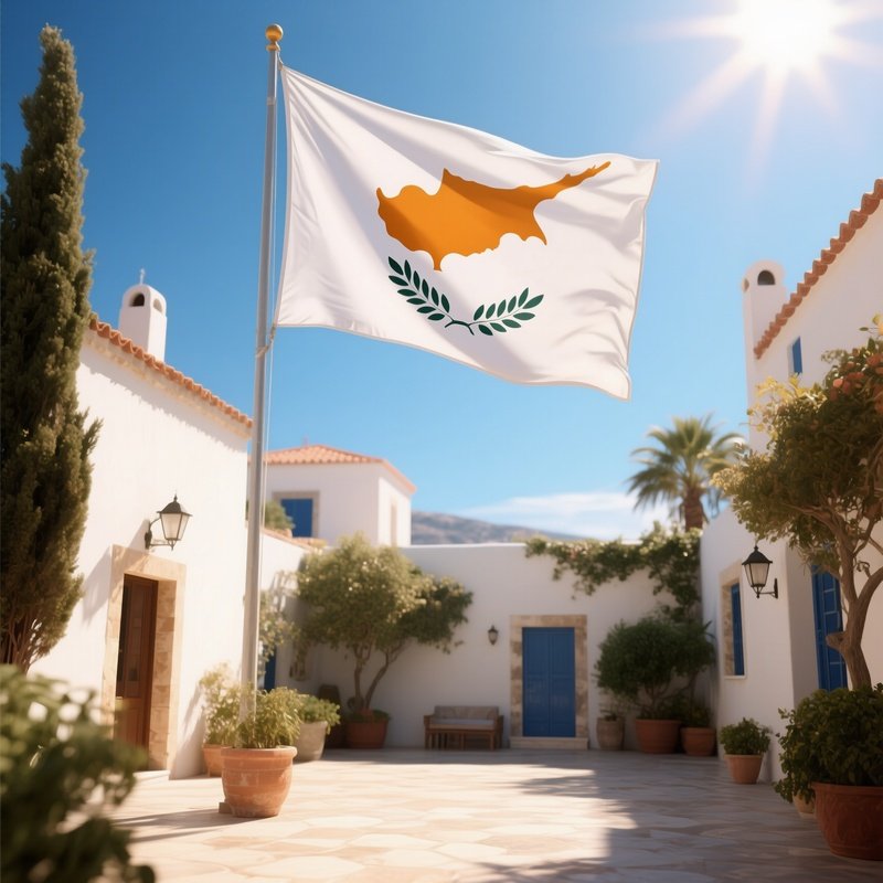 A Photorealistic Cypriot Flag Rising Above A Sunlit Mediterranean Courtyard.