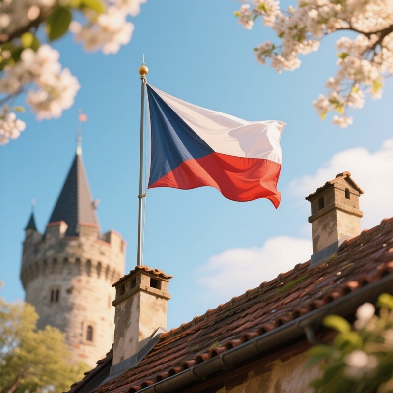 A Photorealistic Czech Flag Moving Gently Atop A Castle Roof Under Warm Spring Weather.