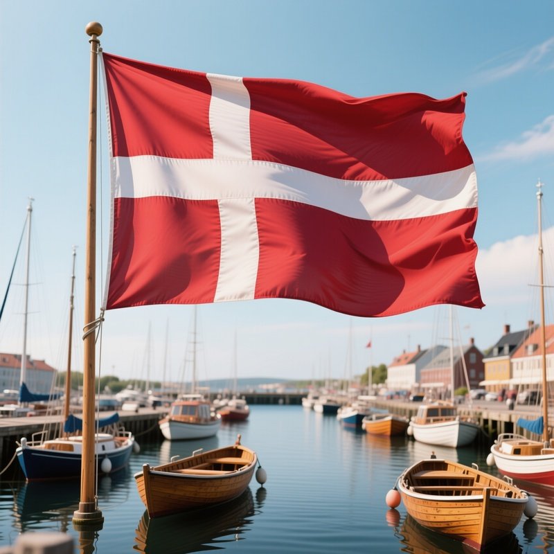 A Photorealistic Danish Flag Waving Above A Harbor Filled With Small Wooden Boats.