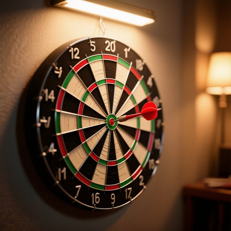 A Photorealistic Dartboard With A Single Red Dart In The Bullseye Under Warm Ambient Led Room Lighting.