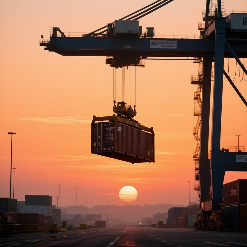 A Photorealistic Dawn Scene Where The First Crane Of The Day Lifts A Container Under Orange Sky.