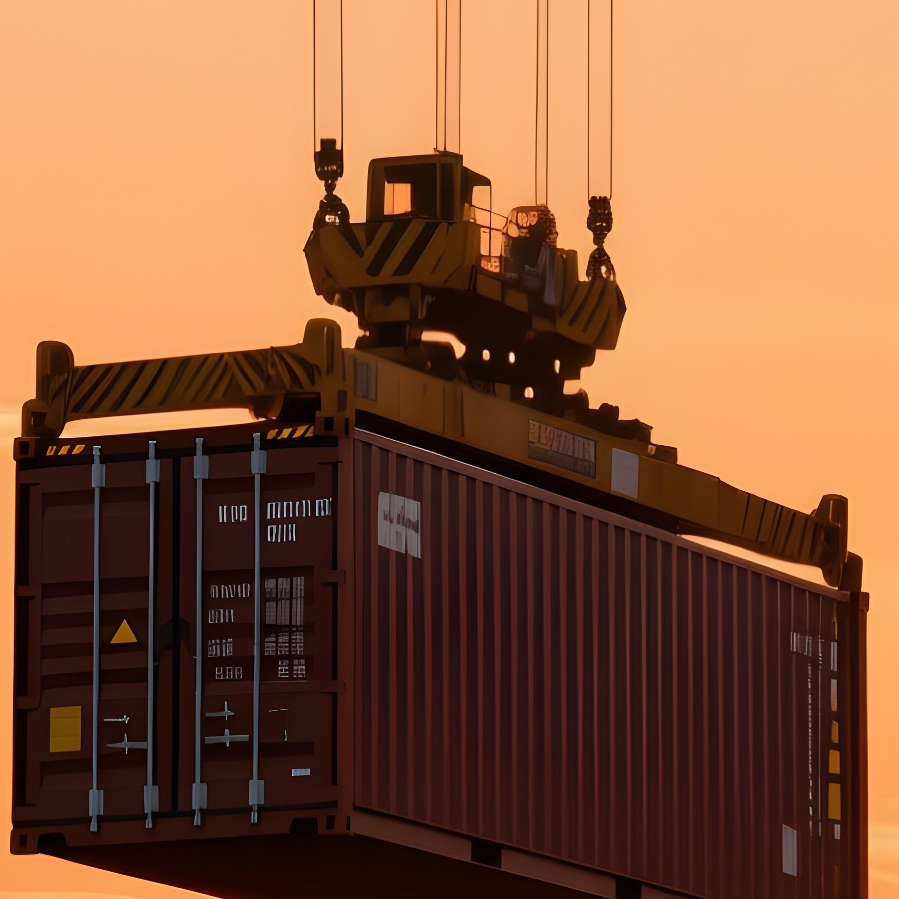 A Photorealistic Dawn Scene Where The First Crane Of The Day Lifts A Container Under Orange Sky. - Full Resolution Quality Preview