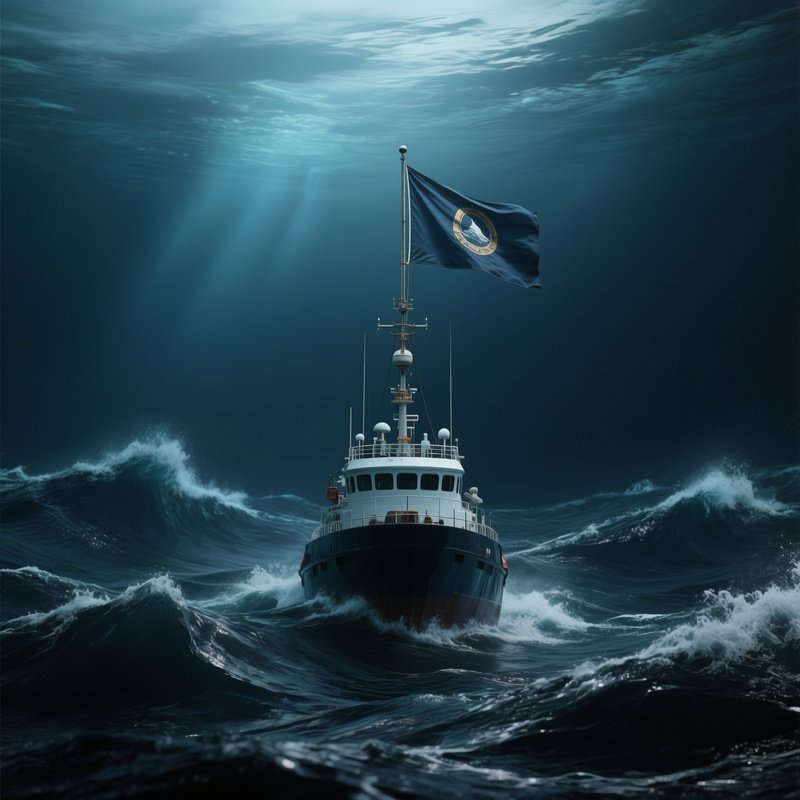A Photorealistic Deep Sea Vessel Flag Standing Out Against Rolling Dark Waves.