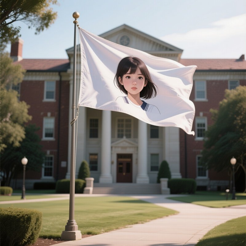 A Photorealistic Demi Girl Flag Fluttering Near A Quiet Academic Campus Building.