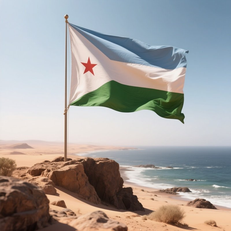 A Photorealistic Djiboutian Flag Fluttering Over A Rocky Coastal Desert.