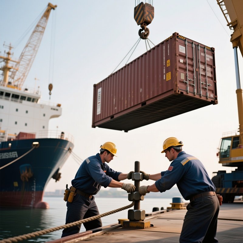 A Photorealistic Dock Crew Tightening Locking Bolts As A Crane Positions Another Container Overhead.