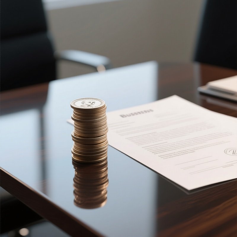 A Photorealistic Dollar Coin Stack With A Crisp Business Contract Beside It On A Reflective Table Surface.