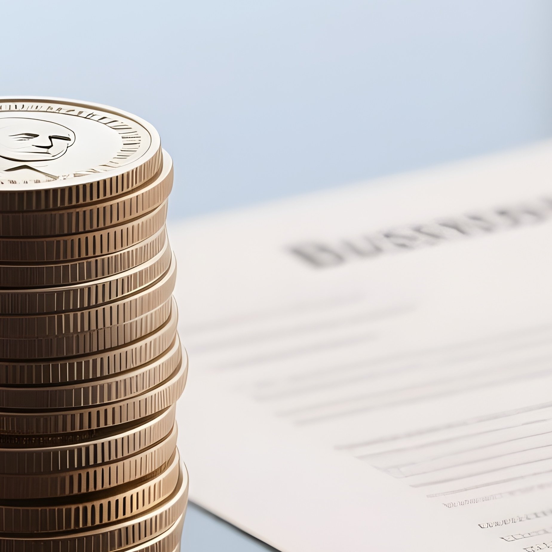 A Photorealistic Dollar Coin Stack With A Crisp Business Contract Beside It On A Reflective Table Surface. - Full Resolution Quality Preview