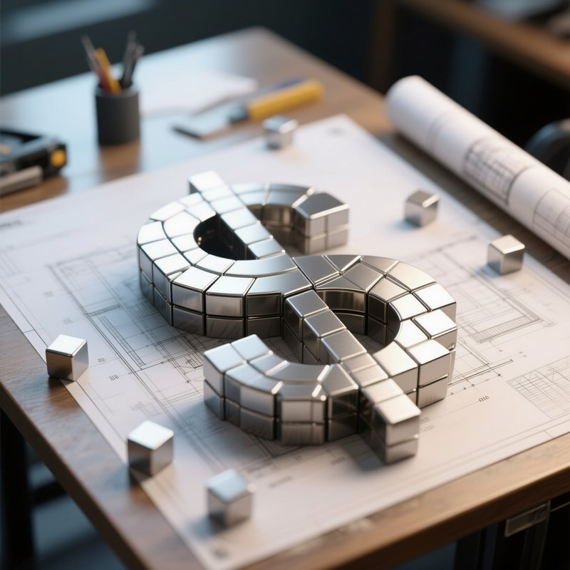 A Photorealistic Dollar Emblem Built From Miniature Metal Cubes Arranged On An Architect’S Table.