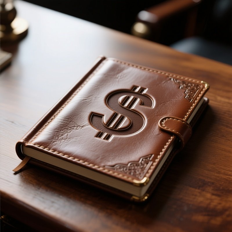 A Photorealistic Dollar Symbol Engraved Into A Leather Bound Finance Ledger On A Wooden Table.