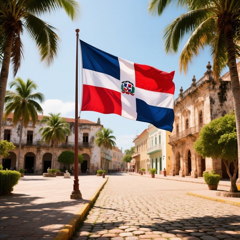 A Photorealistic Dominican Flag Waving Beside A Historic Plaza Framed By Palm Trees