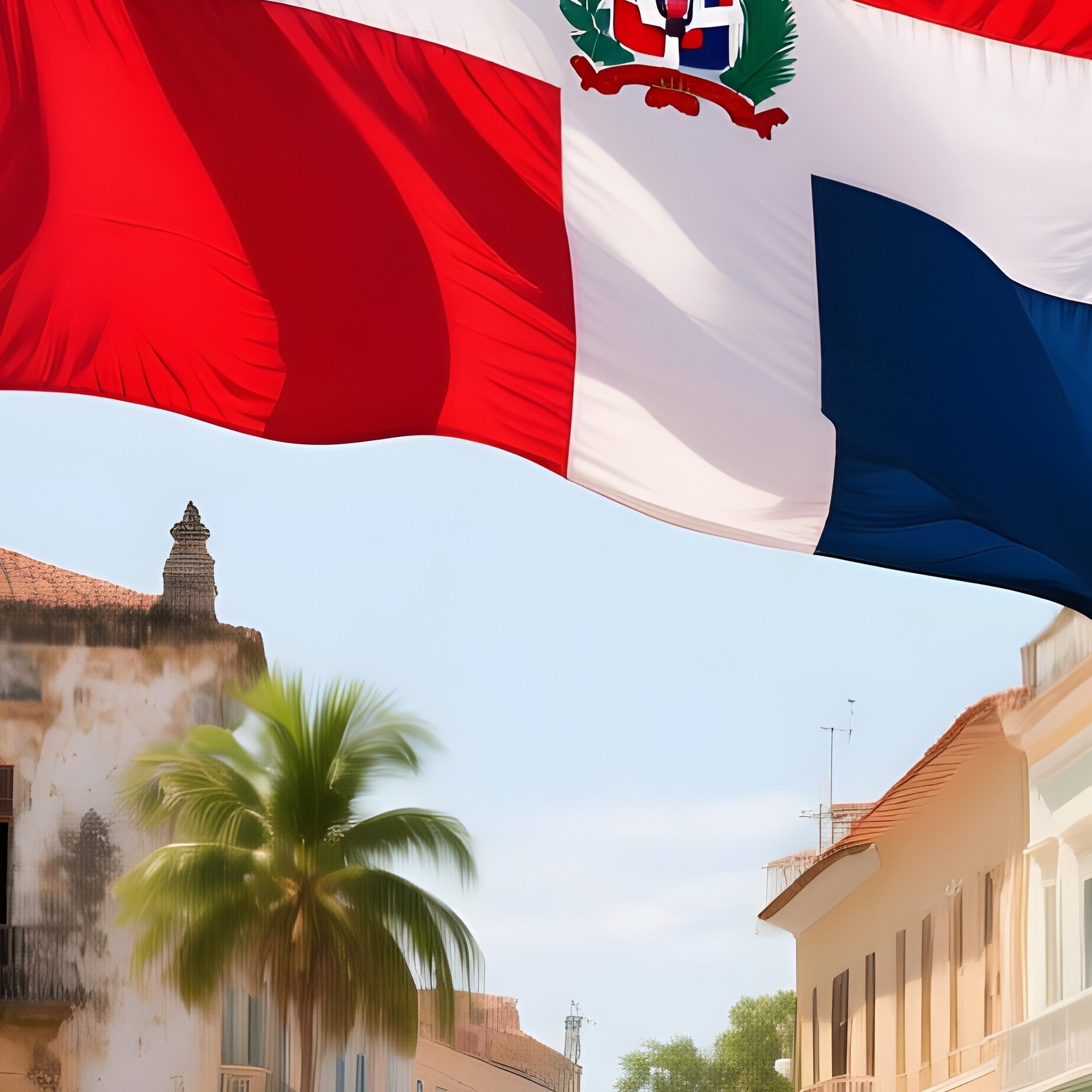 A Photorealistic Dominican Flag Waving Beside A Historic Plaza Framed By Palm Trees - Full Resolution Quality Preview