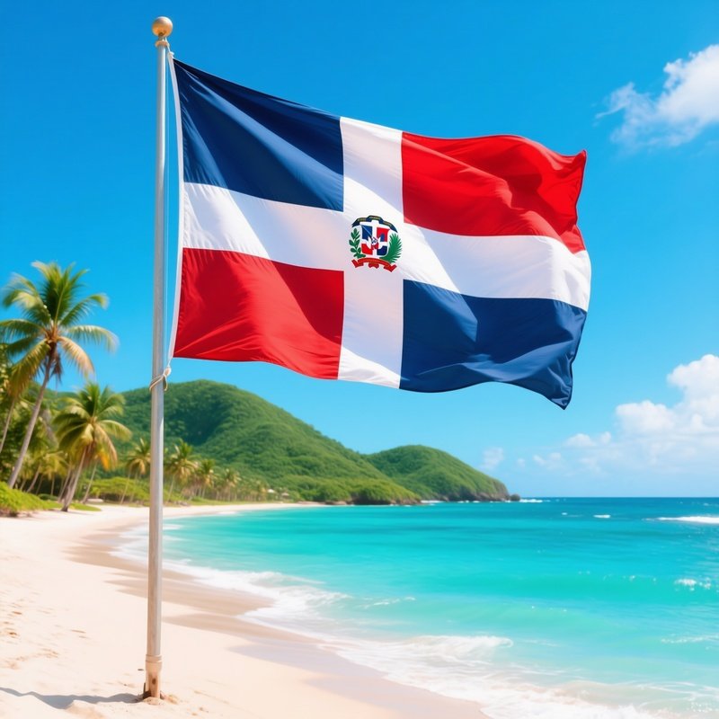A Photorealistic Dominican Republic Flag Fluttering Above A Bright Caribbean Coastline
