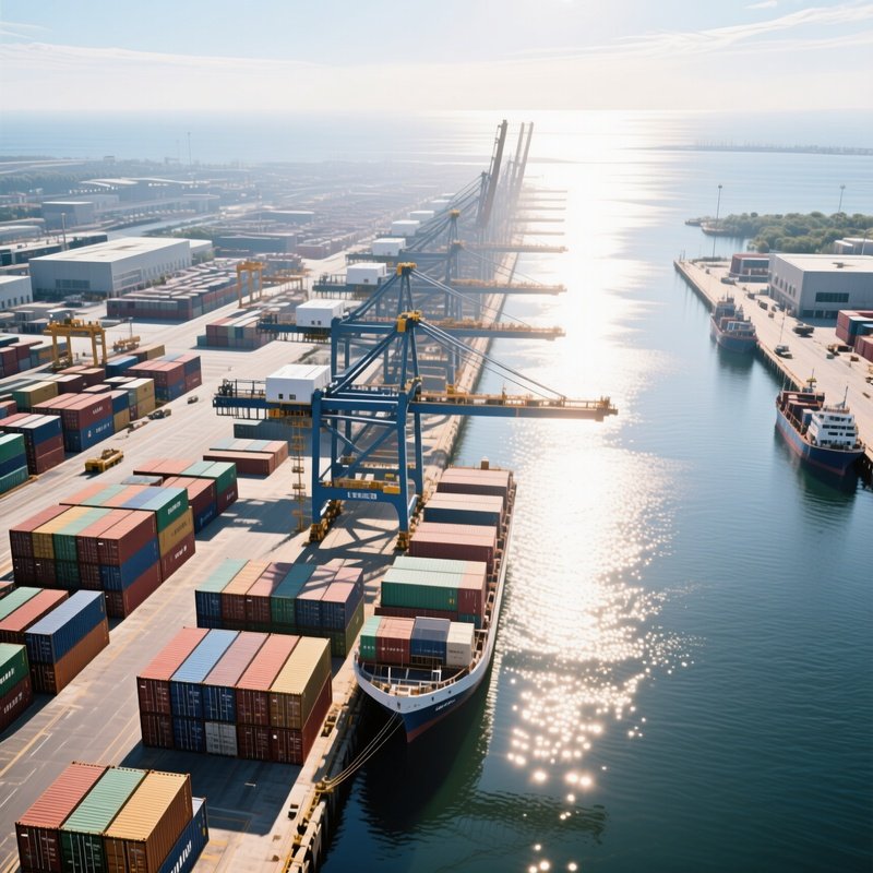 A Photorealistic Drone Like View Of A Container Terminal Shimmering Under Bright Mid Afternoon Sun.
