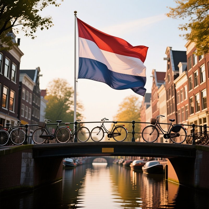 A Photorealistic Dutch Flag Flying On A Canal Bridge Surrounded By Bicycles And Warm Urban Reflections.