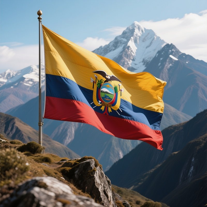 A Photorealistic Ecuadorian Flag Waving Beside An Andean Mountain Ridge.
