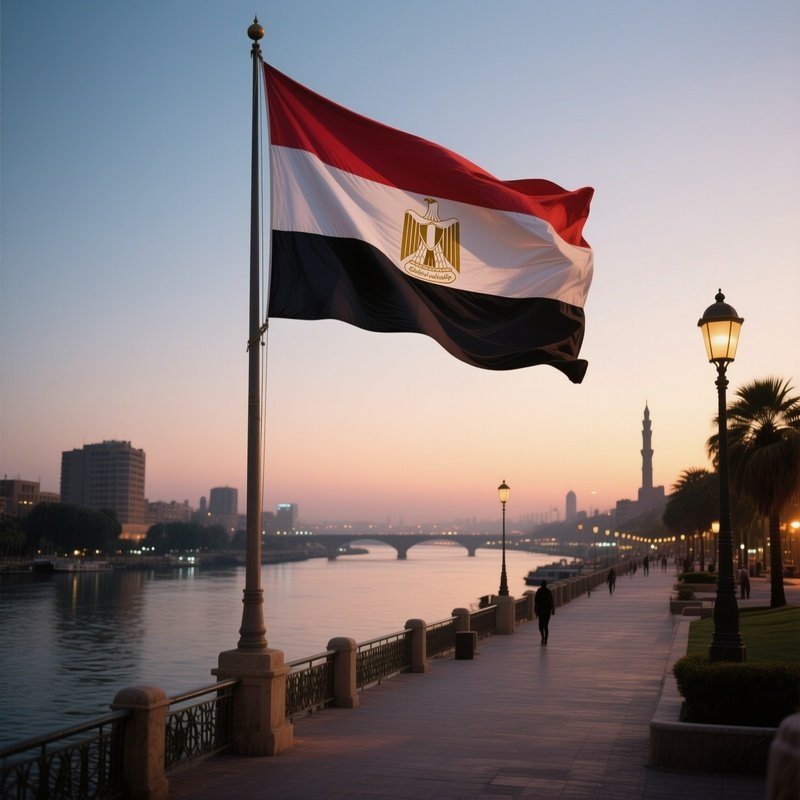 A Photorealistic Egyptian Flag Fluttering Above A Riverside Promenade At Dusk.