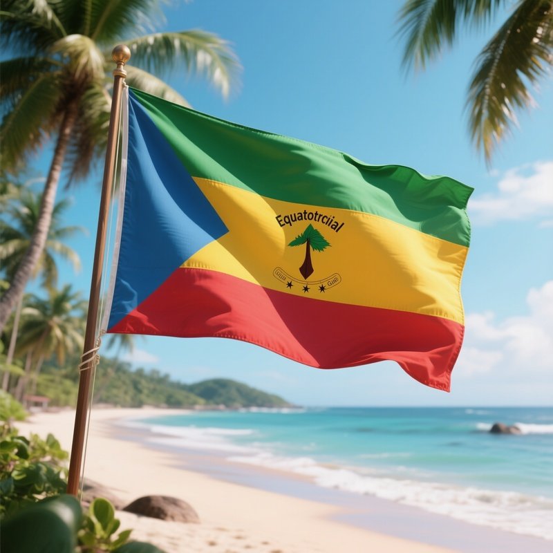 A Photorealistic Equatorial Guinean Flag Fluttering Near A Tropical Beachfront.
