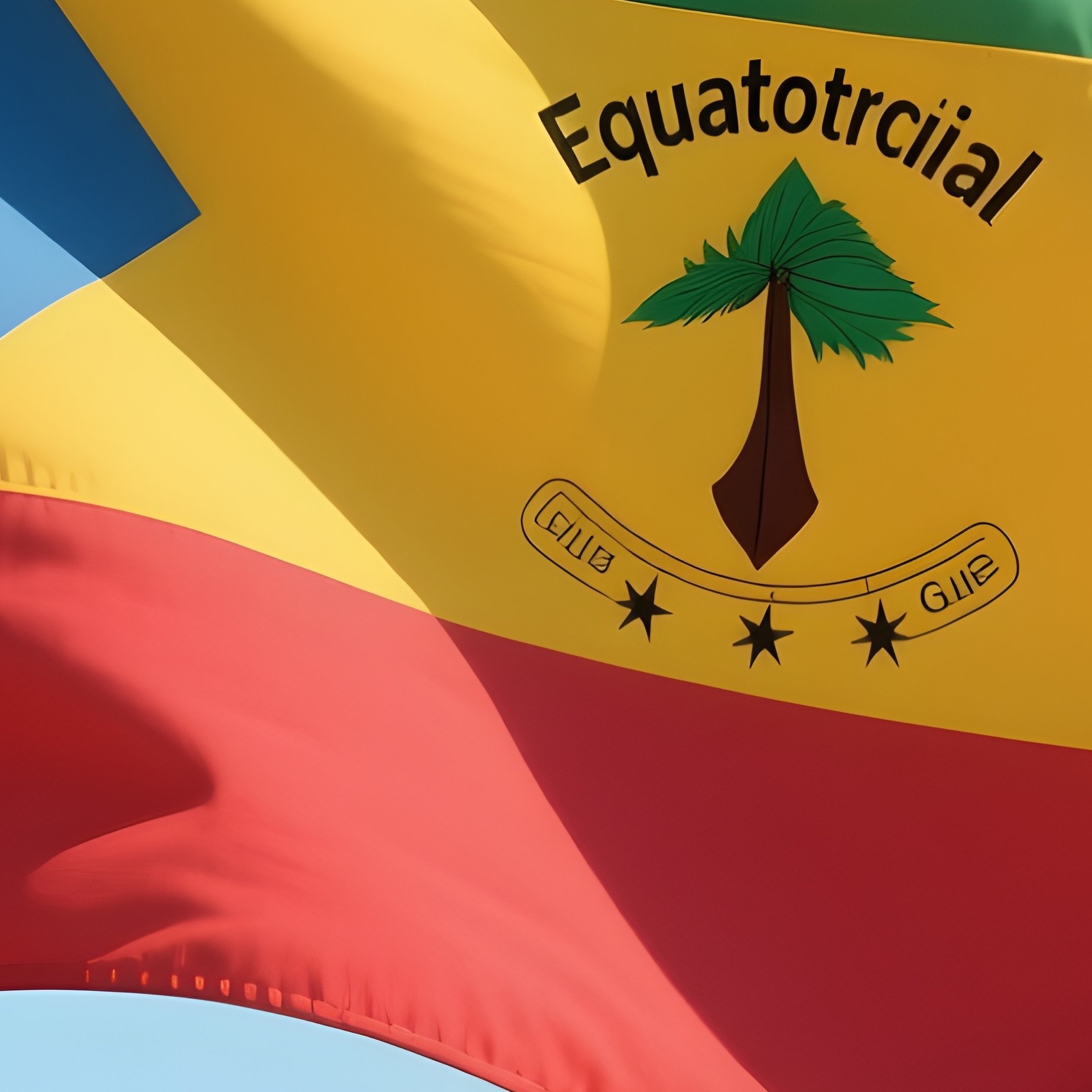 A Photorealistic Equatorial Guinean Flag Fluttering Near A Tropical Beachfront. - Full Resolution Quality Preview