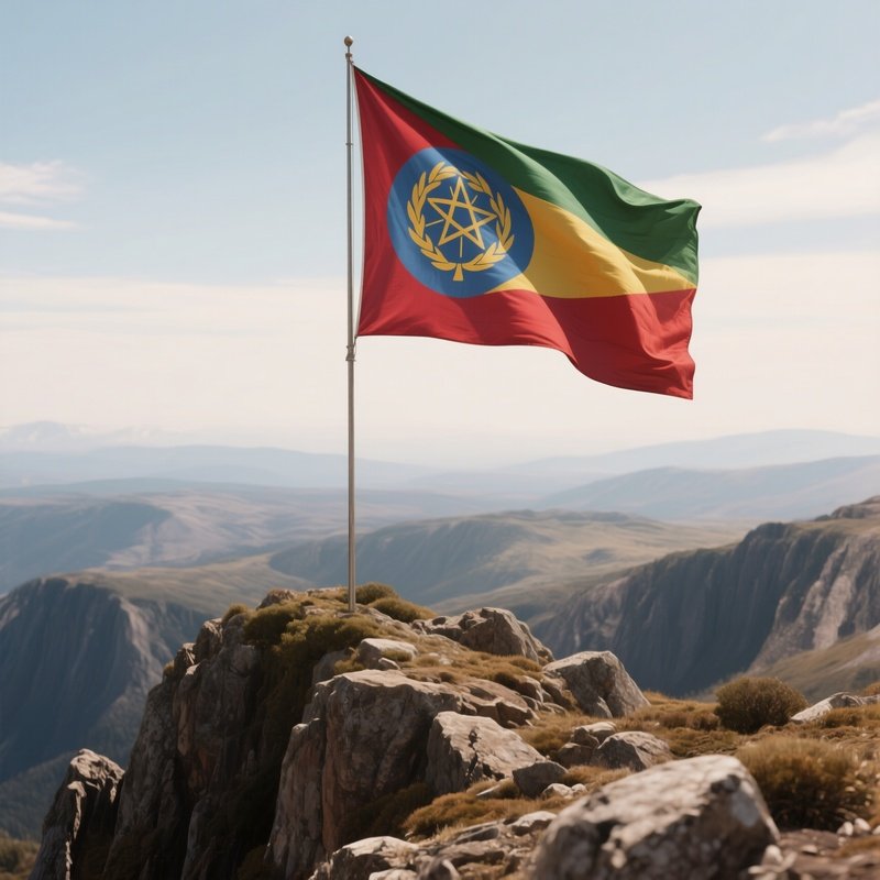 A Photorealistic Eritrean Flag Rising Above A Rocky Highland Plateau.