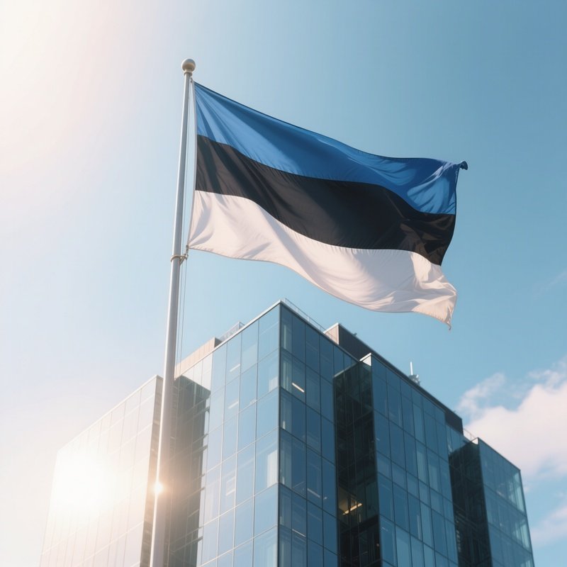 A Photorealistic Estonian Flag Rising Above A Modern Glass High Rise During Bright Morning Light.