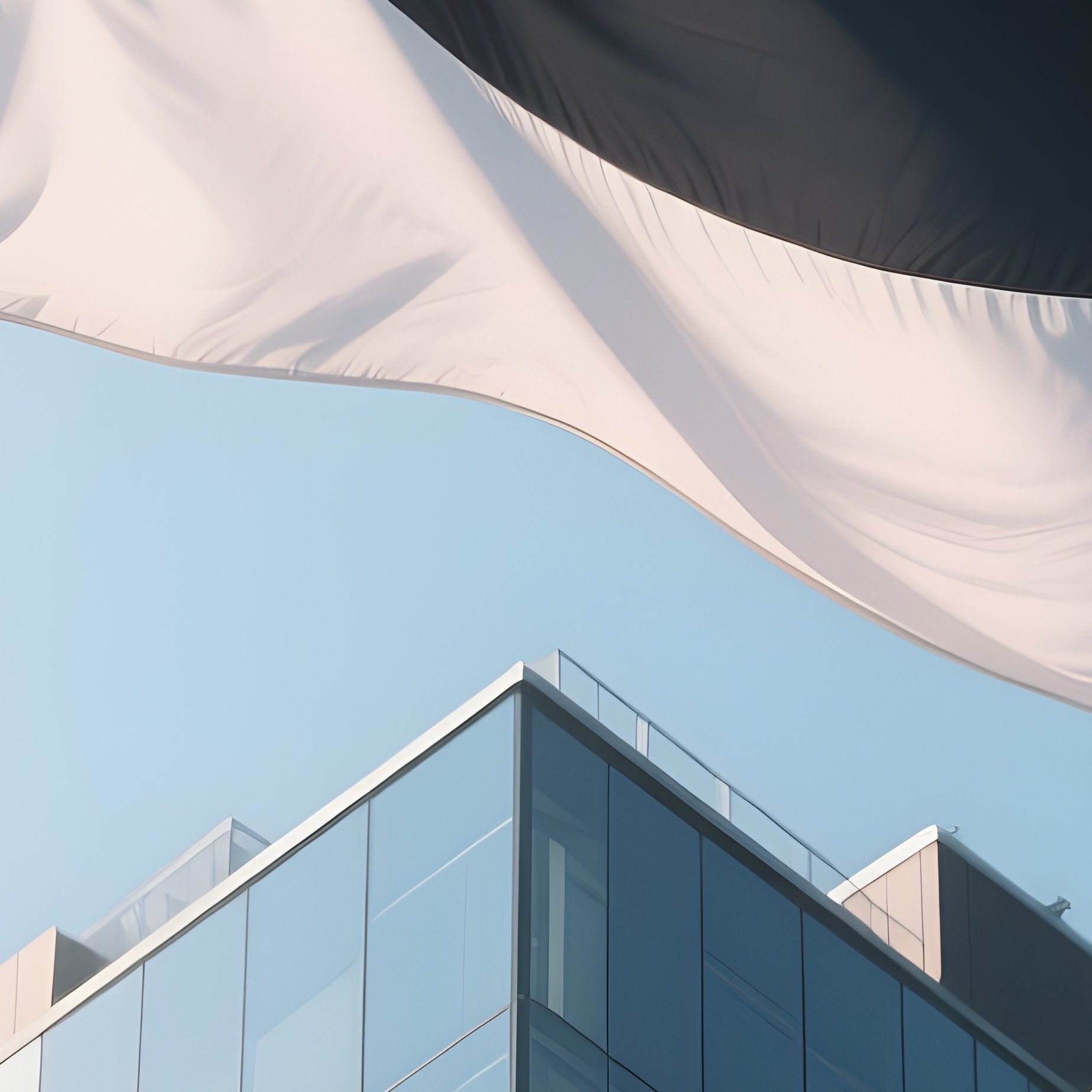 A Photorealistic Estonian Flag Rising Above A Modern Glass High Rise During Bright Morning Light. - Full Resolution Quality Preview