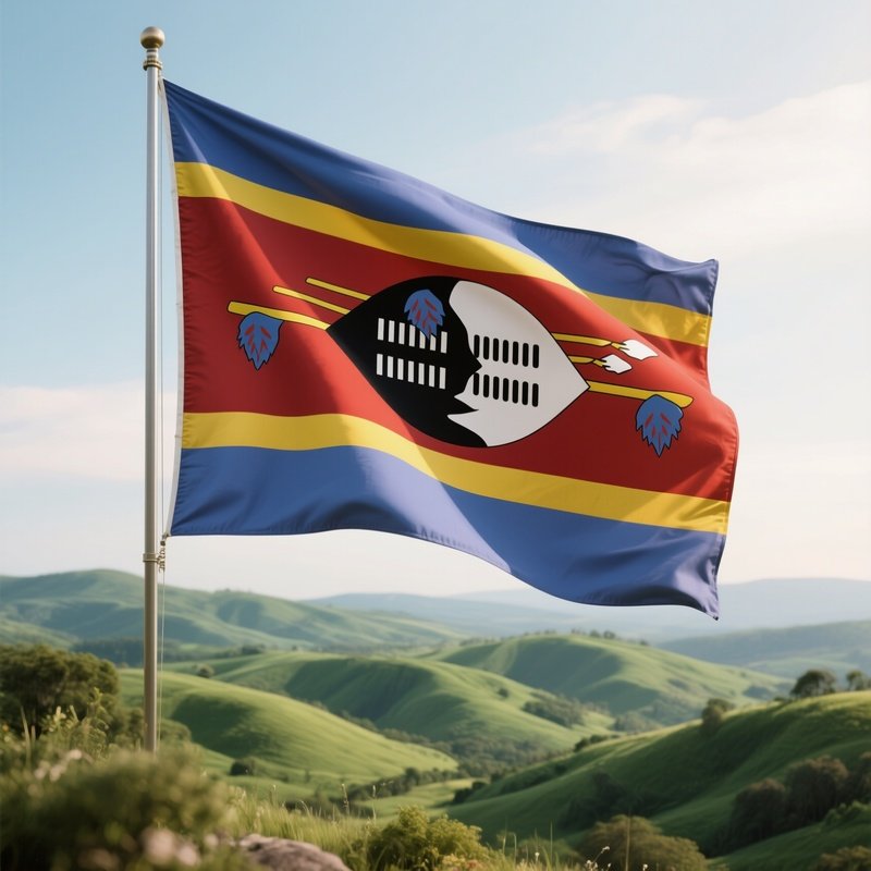 A Photorealistic Eswatini Flag Waving Near A Landscape Of Rolling Green Hills.