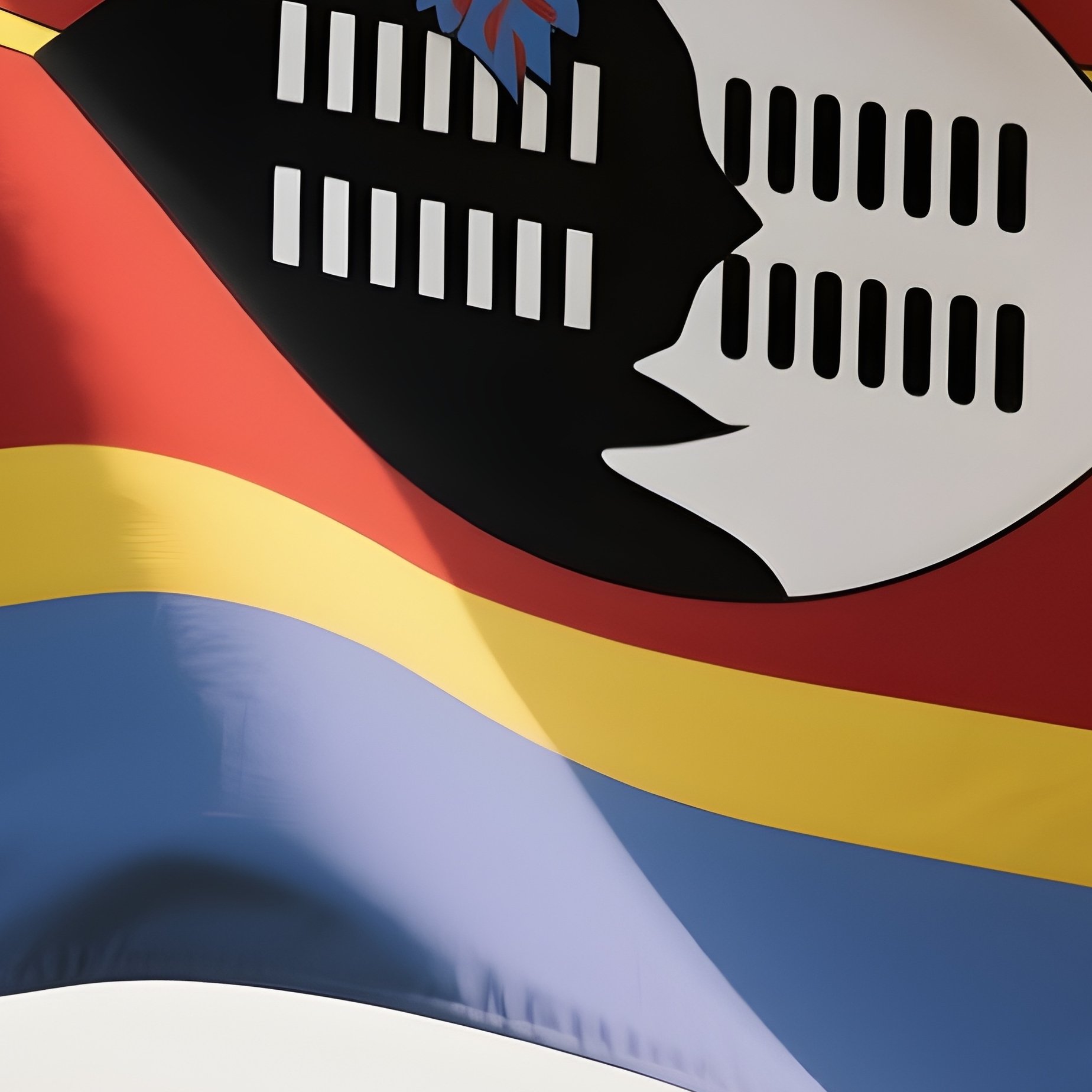 A Photorealistic Eswatini Flag Waving Near A Landscape Of Rolling Green Hills. - Full Resolution Quality Preview