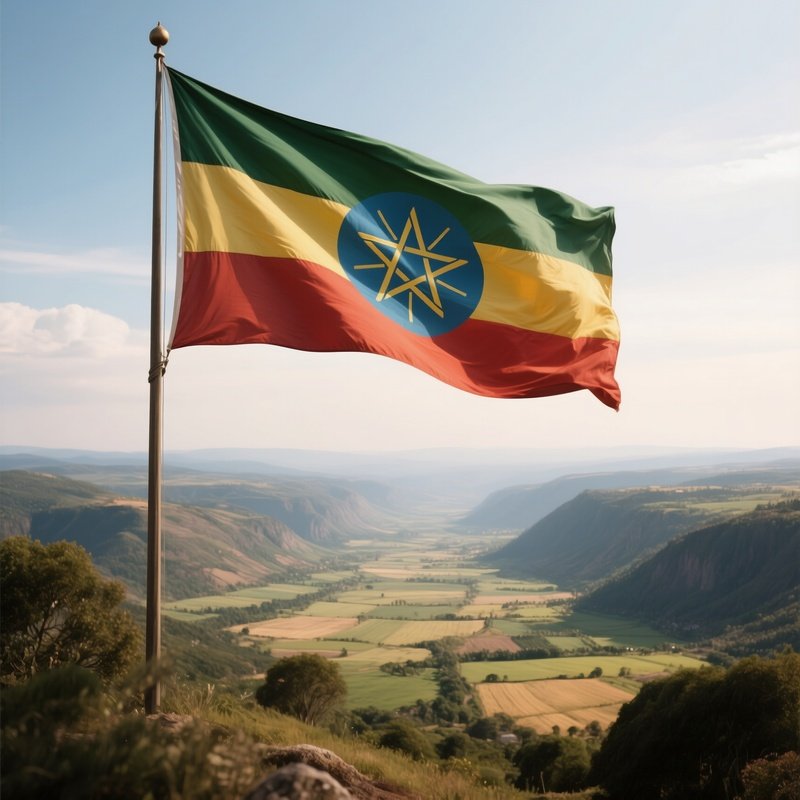 A Photorealistic Ethiopian Flag Fluttering Beside A Wide Rural Valley.