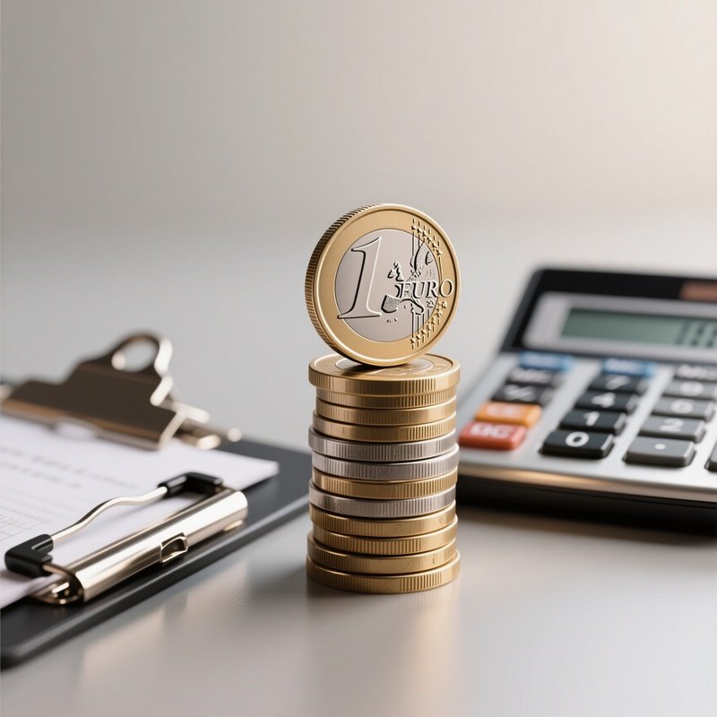 A Photorealistic Euro Coin Stack Arranged Neatly Beside A Calculator And Metal Clipboard.