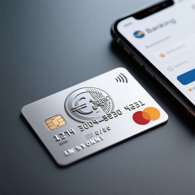 A Photorealistic Euro Emblem Embossed On A Sleek Silver Credit Card Placed Beside A Mobile Banking Screen.