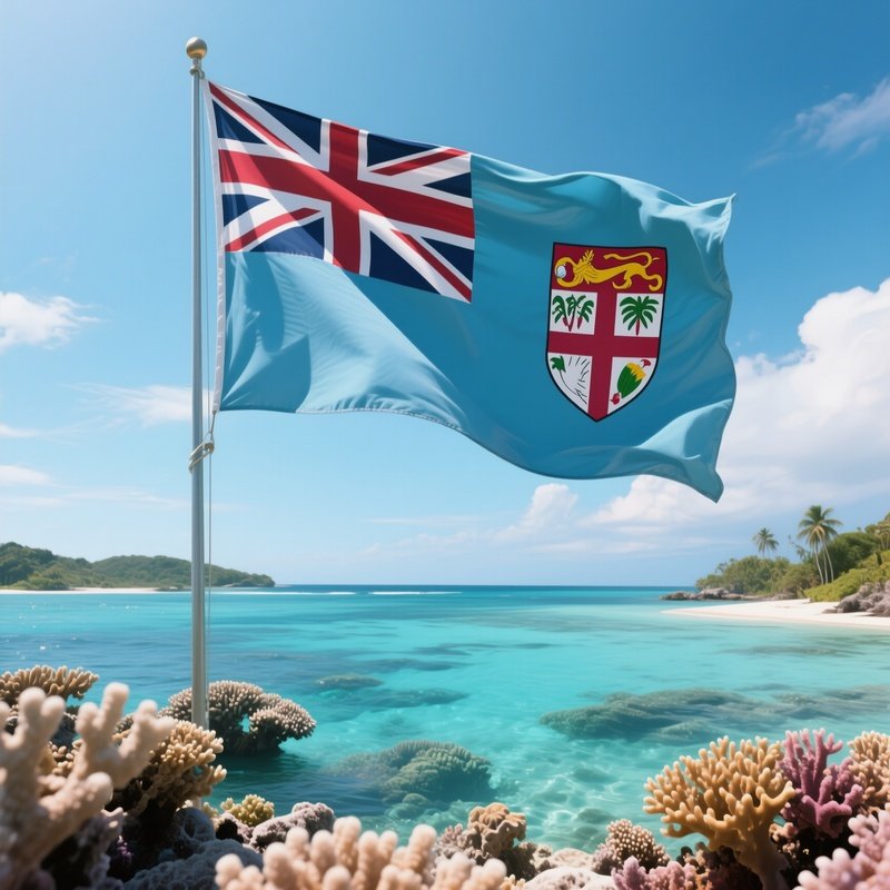 A Photorealistic Fijian Flag Waving Above A Serene Coral Lagoon.
