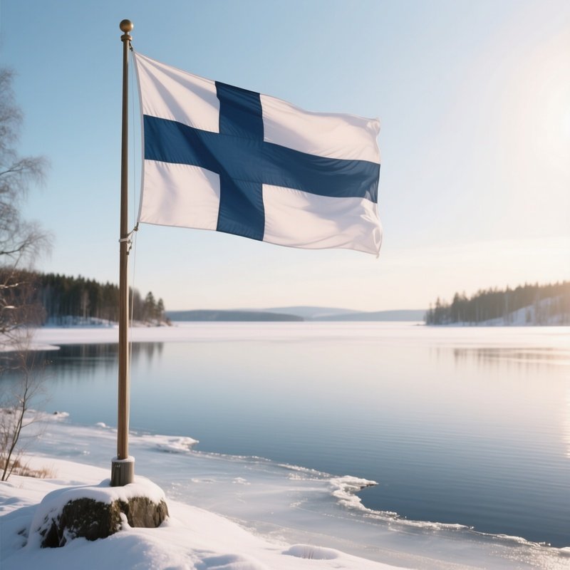 A Photorealistic Finnish Flag Waving On A Pole Beside A Frozen Lake Under Pale Winter Sunlight.