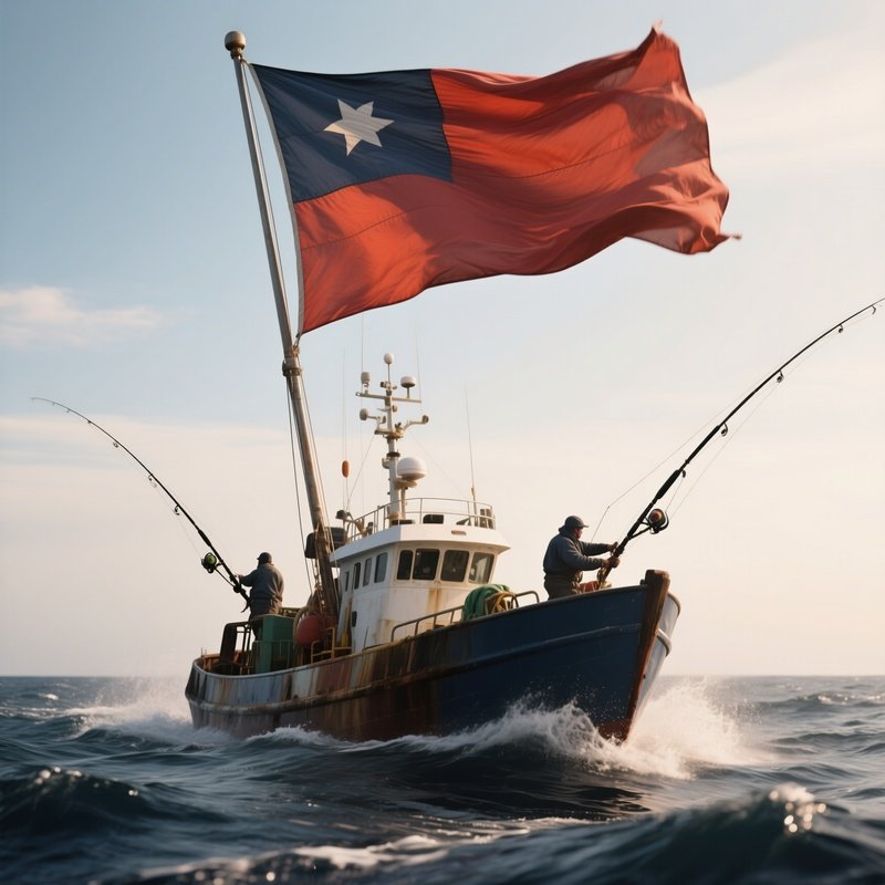 A Photorealistic Fishing Vessel Flag Waving Strongly During Offshore Operations.
