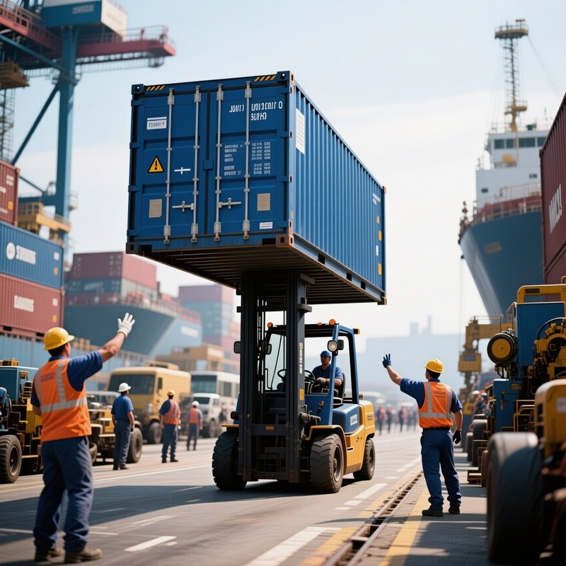 A Photorealistic Forklift Transporting A Blue Container Along A Busy Port Lane As Workers Signal Directions Among Echoing Machinery Sounds.