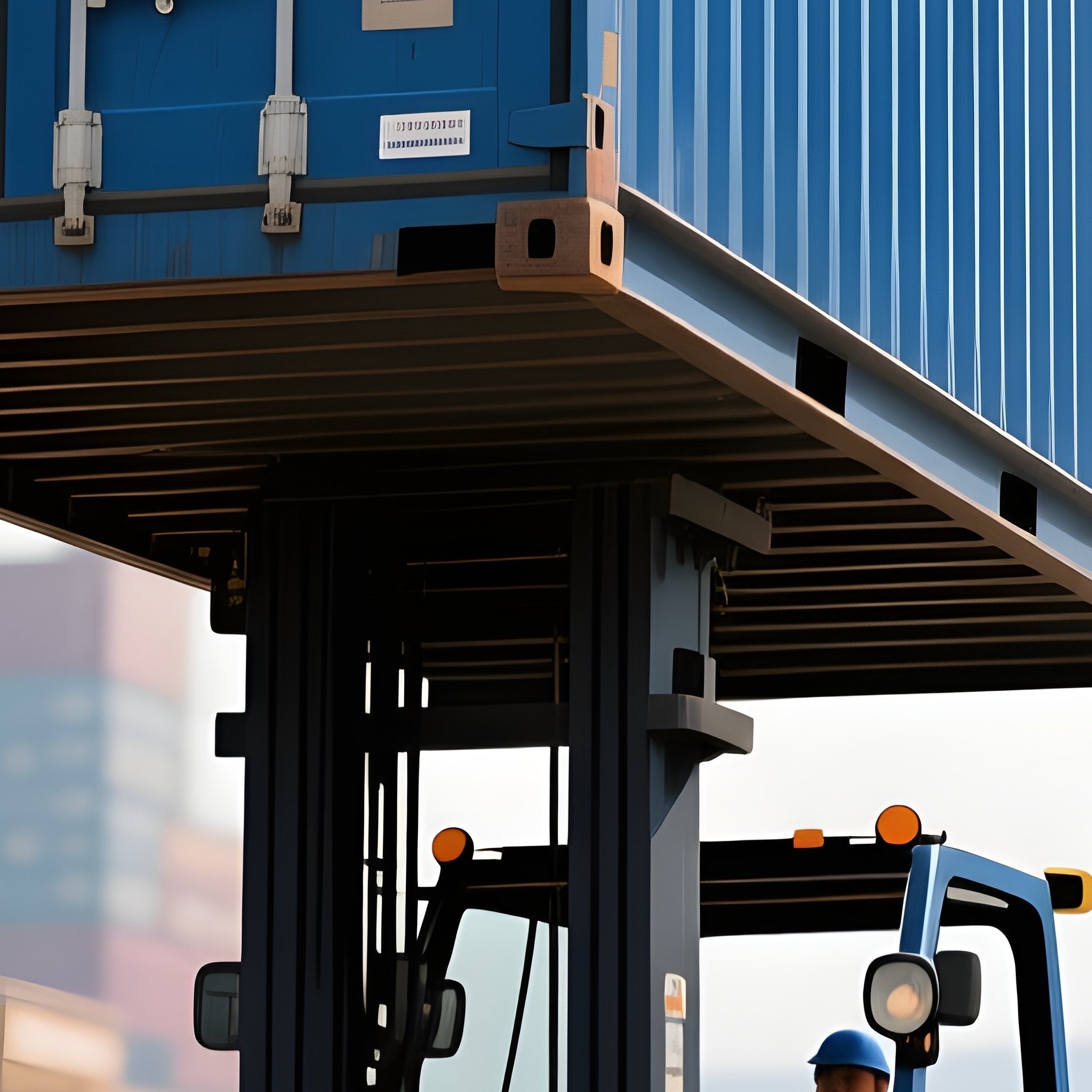 A Photorealistic Forklift Transporting A Blue Container Along A Busy Port Lane As Workers Signal Directions Among Echoing Machinery Sounds. - Full Resolution Quality Preview