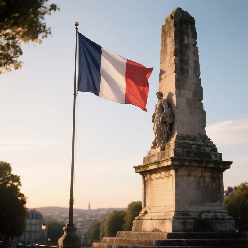A Photorealistic French Flag Fluttering Beside A Historic Stone Monument Under Soft Evening Sunlight.