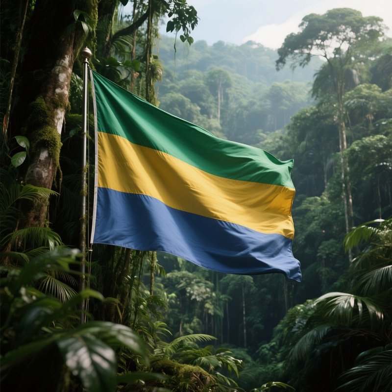 A Photorealistic Gabonese Flag Fluttering Beside A Dense Equatorial Forest.