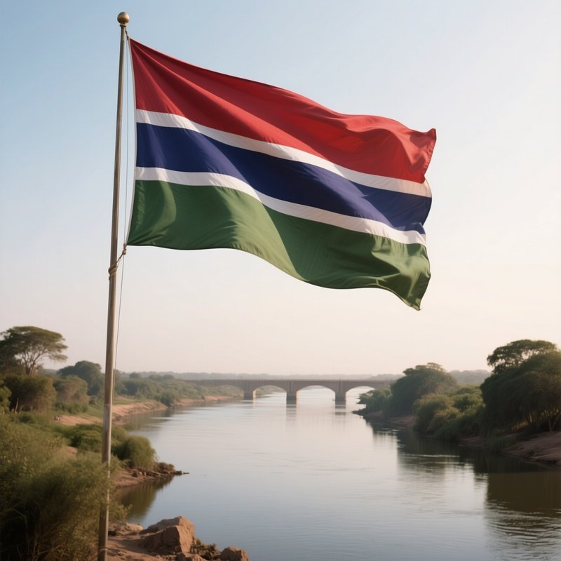 A Photorealistic Gambian Flag Waving Near A Calm River Crossing.