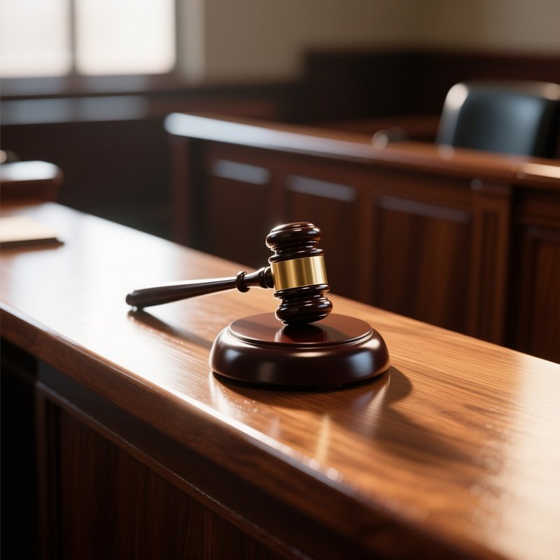 A Photorealistic Gavel Resting On A Polished Courtroom Bench With Sunlight Hitting The Wooden Grain.