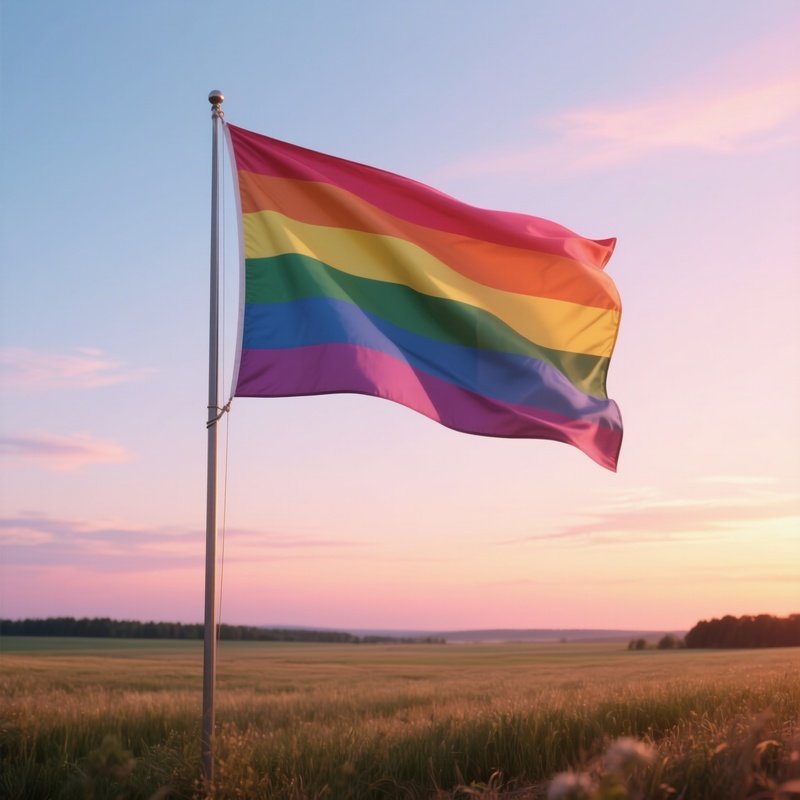 A Photorealistic Genderfluid Flag Waving Beside An Open Field Under Pastel Sunset Colors.