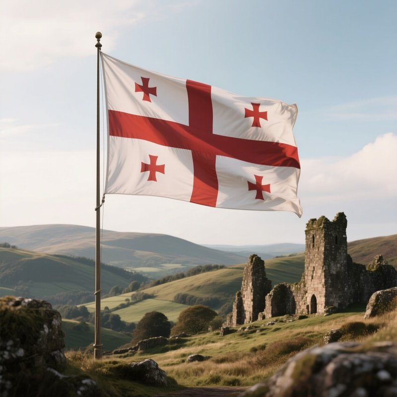 A Photorealistic Georgian Flag Waving In Front Of Rolling Hills And Ancient Stone Structures.