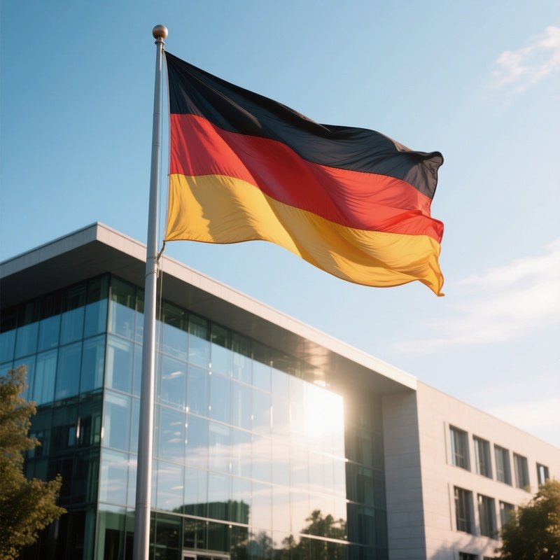 A Photorealistic German Flag Waving Above A Modern Government Building With Clear Morning Light Reflecting Off Its Glass Façade.