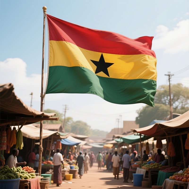 A Photorealistic Ghanaian Flag Fluttering Above A Lively Open Market.
