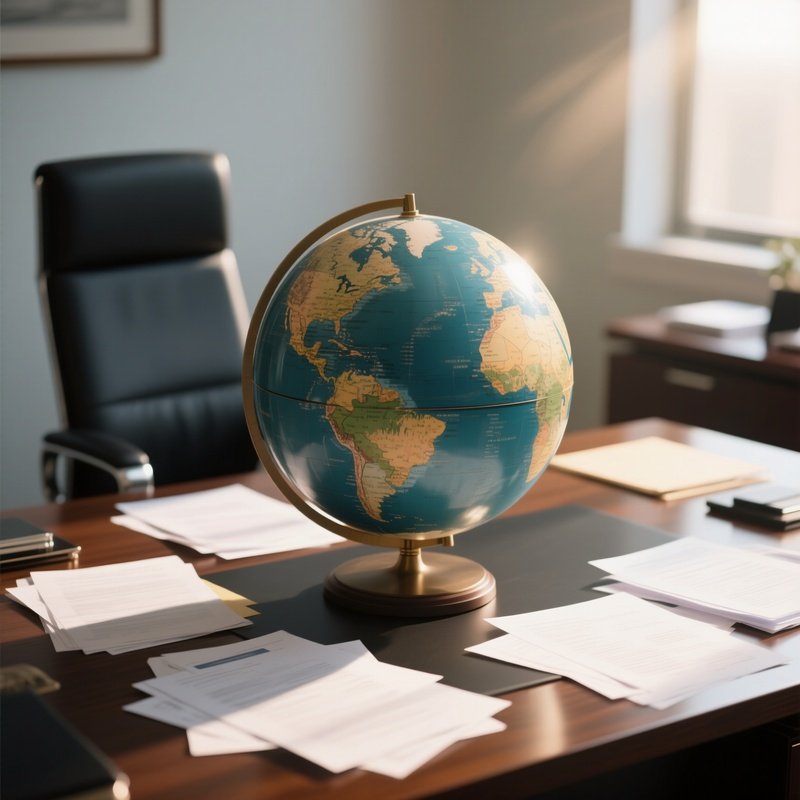 A Photorealistic Globe Positioned On A Ceo’S Desk With Sunlight Highlighting Continents And Documents Scattered Around.